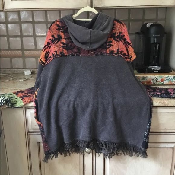 Free People Golden Hour Cardi Jacket Hooded Mixed Knit Piecing Black OrangeGreen - Picture 7 of 7